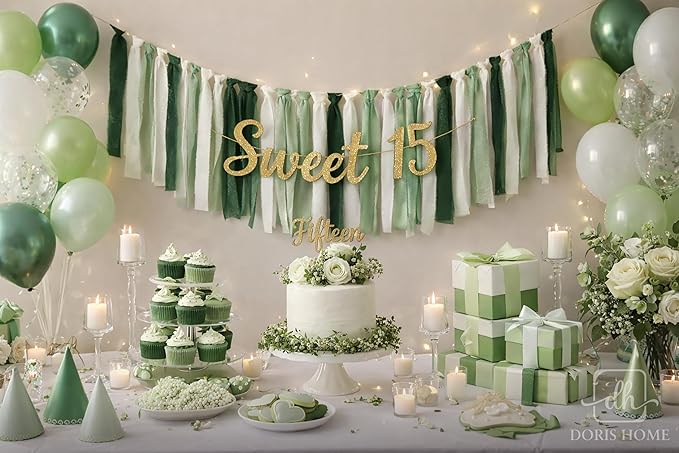 DORIS HOME 2" x21Yd Chiffon Ribbon for Flower Bouquet, Green & Cream Fabric Ribbon for Gift Wrapping, Handmade Frayed Ribbon for Wedding/Christmas Decorations