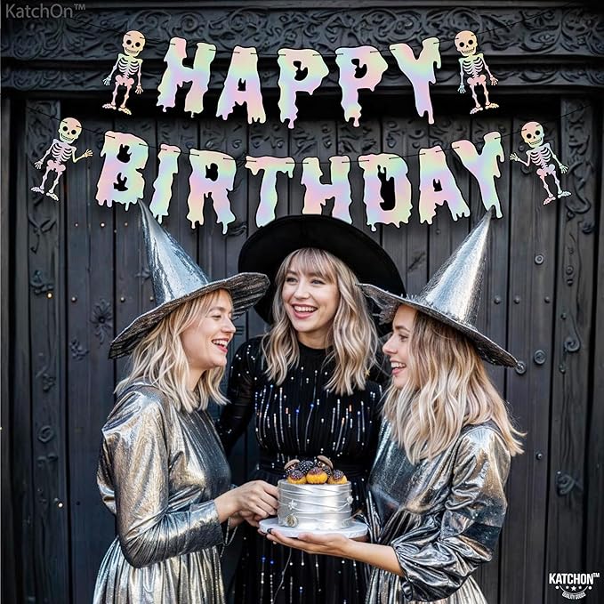 KatchOn, Iridescent Silver Halloween Happy Birthday Banner Decorations - 10 Feet, No DIY | Spooky Birthday Decorations | Halloween Decorations Indoor | Spooky Happy Birthday Banner