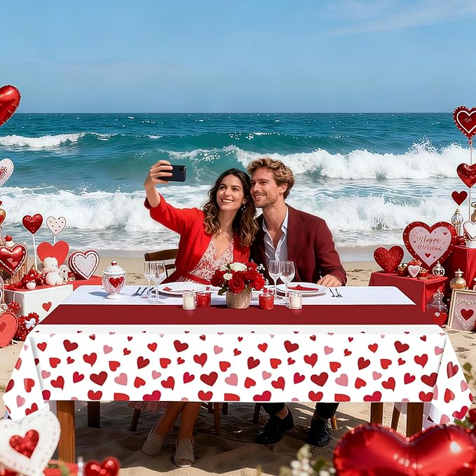 Red Table Cloths Rectangle - 2 Pack Heart Pattern Valentine's Day Decoration Party, Disposable Plastic Tablecloth 54" x 108", Suitable for Valentine's Day Wedding Anniversary Party Decoration