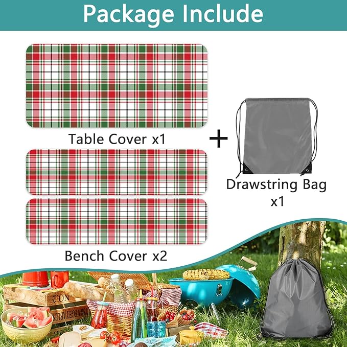 Red Green White Plaid Picnic Table Cover with Bench Covers and Bag, Camping Essentials, Water Resistant Windproof, Fitted Tablecloth Cover with Elastic Edge, for Indoor & Outdoor 3 PCS, 30x60 Inch