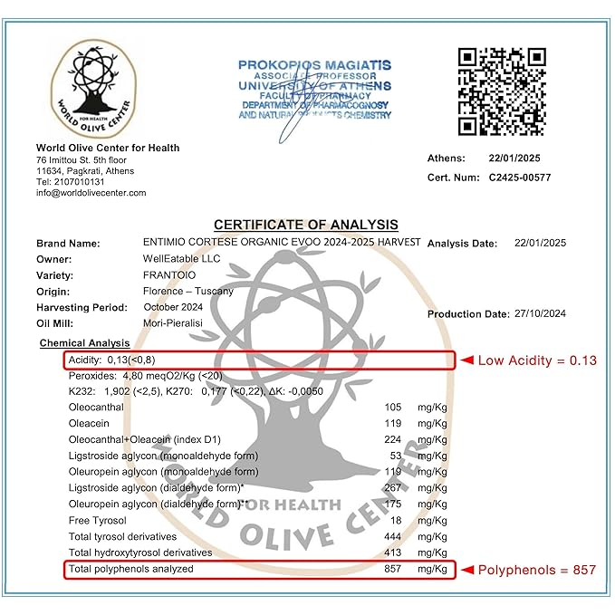 Entimio Cortese Organic Italian Extra Virgin Olive Oil from Italy, 700+ mg/kg High in Polyphenols, 2025 Gold Winner, Tuscany Early Harvest evoo