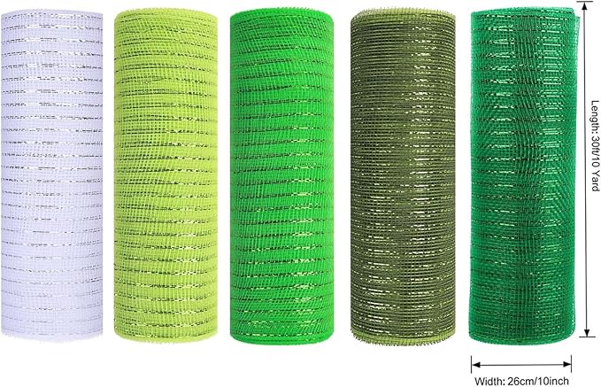 5 Rolls St Patricks Day Mesh Ribbon for Wreath, 10 Inch x 30FT Per Roll Metallic Foil Deco Mesh Rolls White Light Green Decorative Mesh for Spring Saint Patricks Day Christmas Party Decor