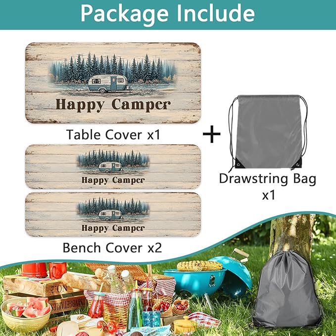 JAWO Happy Camper Picnic Table Cover - Fitted Tablecloth with Elastic Edge,Camping Design for Outdoor Camping, BBQ Decor, 96x30 Inch