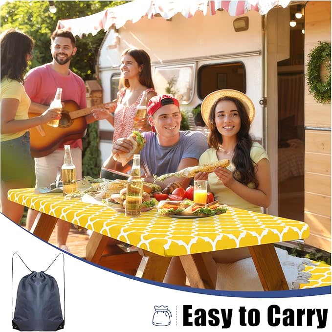 Smiry Picnic Table Cover with Bench Covers, Waterproof Elastic Fitted Tablecloth for 5 Foot Tables, Washable Polyester Tablecloths for Camping, Indoor & Outdoor (Yellow, 30x60 Inch 3-pc Set)