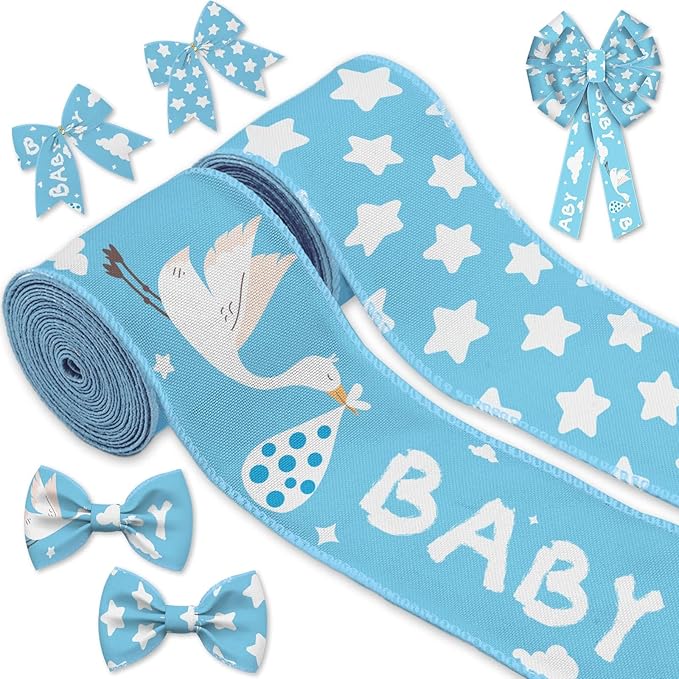YKW 2 Rolls Baby Shower Ribbon Set, 2.5" Wide Satin Wired Edge Ribbons, Blue Sky Stork Design & Star Pattern, for Newborn Decorations, Gift Wrapping, DIY Crafts,Birth Announcement Party Supplies