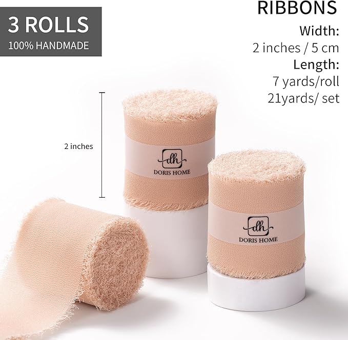 DORIS HOME Nude Pink Chiffon Ribbon for Flower Bouquet, 2" x21Yd Fabric Ribbon for Gift Wrapping, Handmade Frayed Ribbon for Wedding/Christmas Decorations