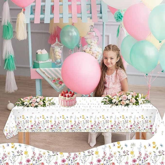 2-Pack Wildflower Plastic Tablecloth Disposable Rectangle - Floral Butterfly Garden Party Table Cover with Spring Flowers, 54x108 Inch for Fairy Birthday Party Decorations