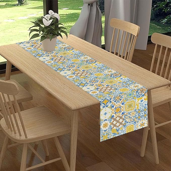 Mexican Table Runner, Blue Rustic Mexico Talavera Ceramic Dia De Los Muertos Coffee Table Center Decor for Family Home Kitchen and Dining Farmhouse Indoor Outdoor Table Decorations, 13" X 90"