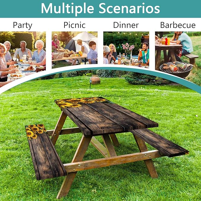 Picnic Table Cover with Bench Covers Wood Sunflower Elastic Outdoor Tablecloth Camping Essentials Waterproof Windproof Camping Tablecloth with Drawstring Bag, Fitted Rectangle Tables Seats 60X30in
