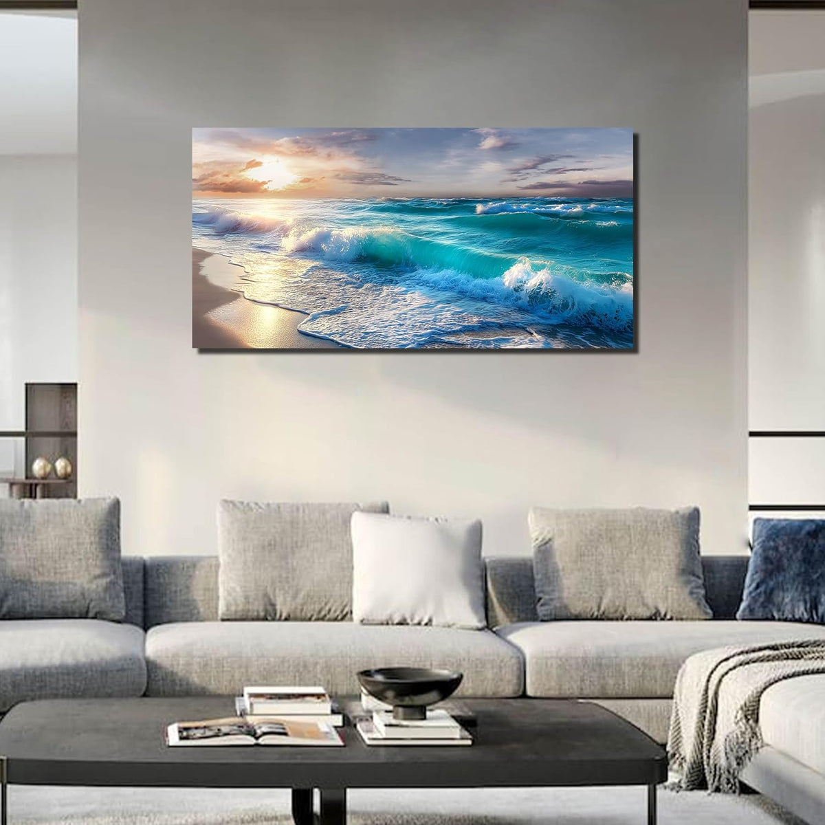 GUGIKA Ocean Wall Art for Living Room, Blue Wave and Large Coastal Beach Canvas Wall-Decor for Bedroom, Gold Sun Scenery Pictures for Hallway Office, Size 48 x 24 Inches