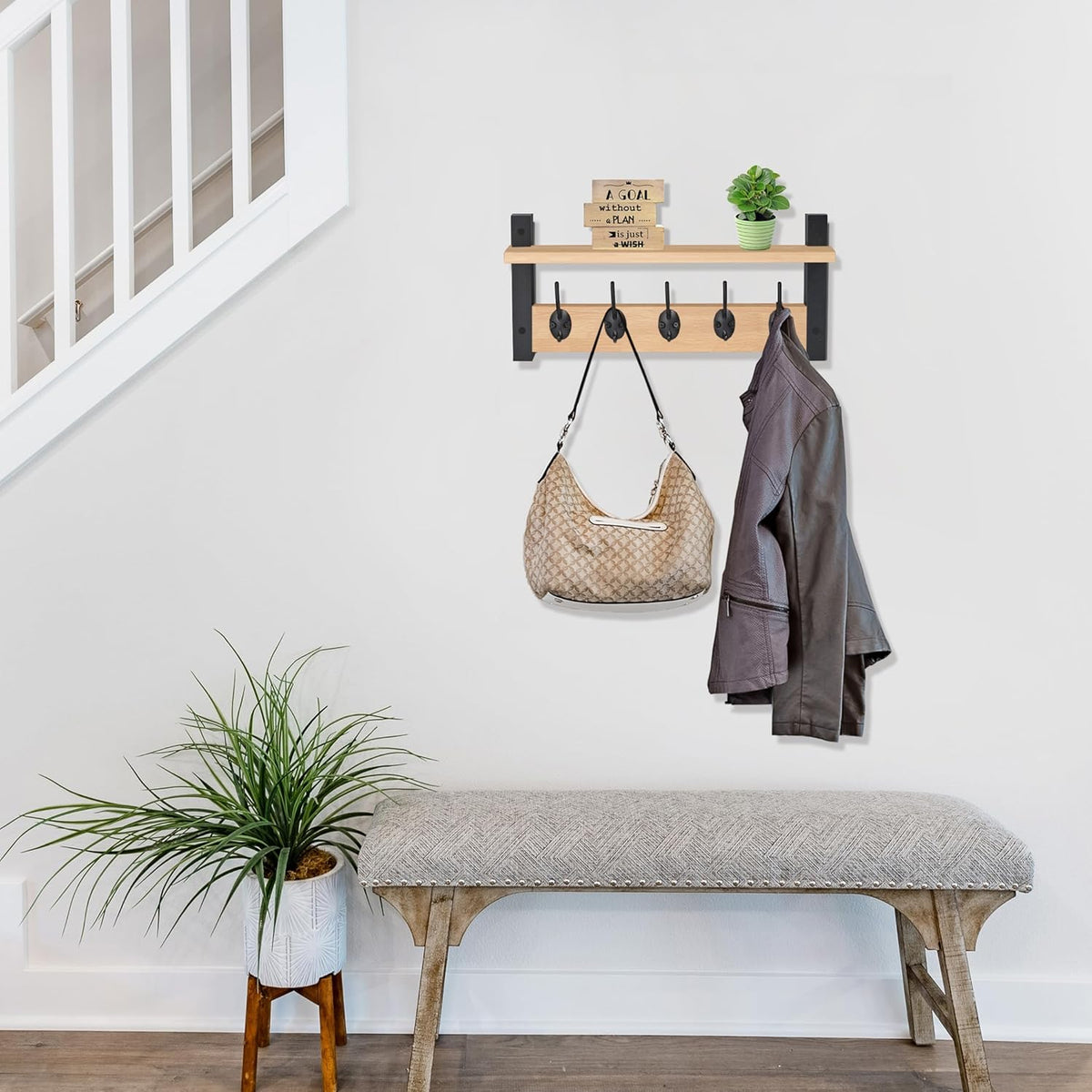 Sorbus Coat Hooks Wall Mount with Shelf – 16 Inch Coat Rack Wall Mount with 5 Heavy Duty Hooks – Floating Wall Shelf with Hooks for Entryway