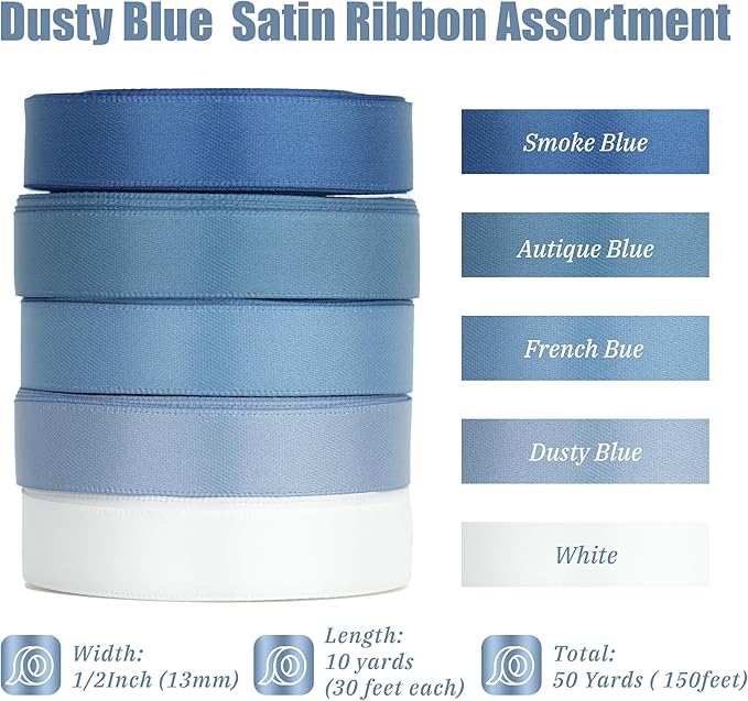 Dusty Blue Satin Ribbon, 1/2 Inch x 50 Yards, 5-Roll Assortment, Thin Double Face Satin for Gift Wrapping, Wedding Invitations, Bouquet Tying, Bows, DIY Crafts