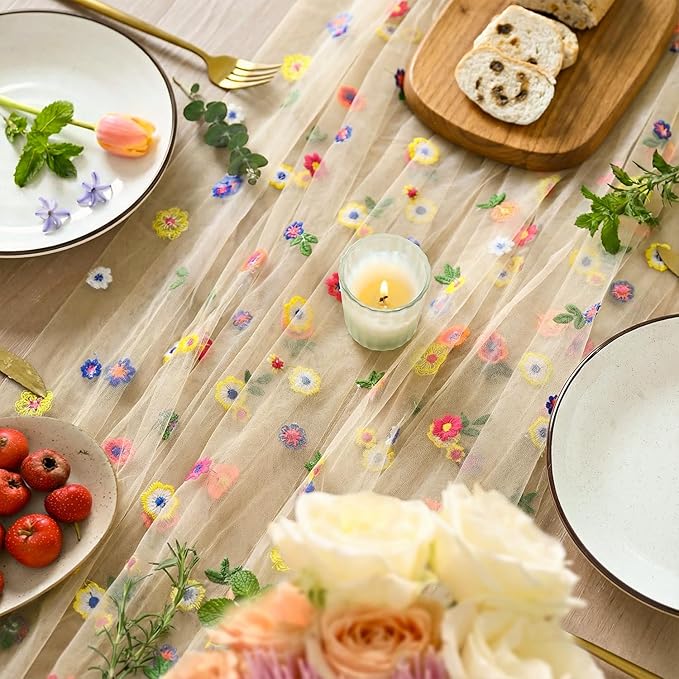 Artoid Mode Beige Apricot Wildflower Floral Gauze Embroidery Table Runner 120 Inch 10FT, Tulle Seasonal Spring Kitchen Dining Table Decor for Home Party