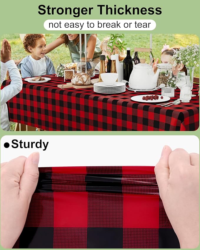 Smiry 8 Packs Gingham Disposable Table Cloth, 54 x 108 Inch Waterproof Plastic Tablecloth, Rectangle Black and Red Checkered Table Covers for Picnic, Birthday, Party