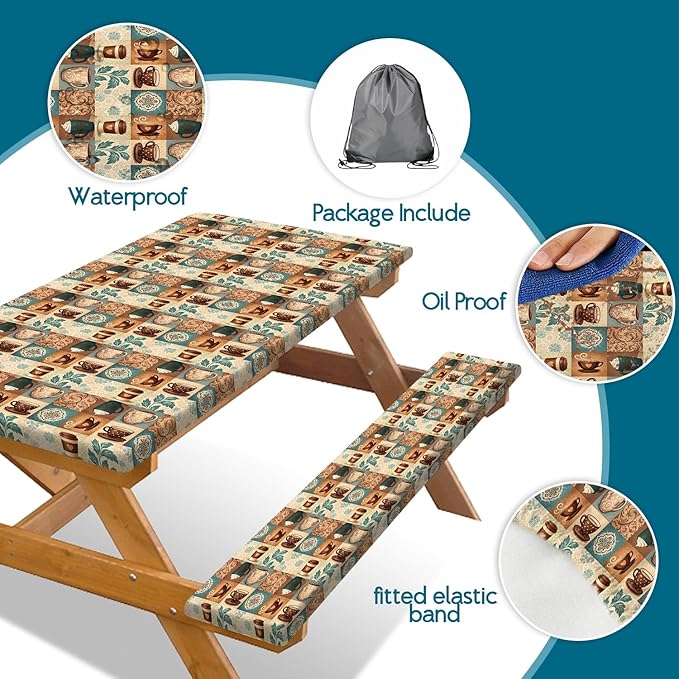 JAWO Coffee Pattern Picnic Table Cover,Bohemian Geometric Vintage Floral Tablecloth with Elastic Edge,Camping Design for Outdoor Camping, BBQ Decor, 72x30 Inch