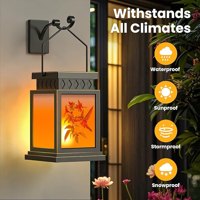 2 Pack Farmhouse Solar Lanterns ,Flame Glass Solar Lanterns ,Outdoor Waterproof Upgraded Solar and 2 AA Batteries Powered, for Mantelpiece,Outside Porch, Patio and Indoor Tables.
