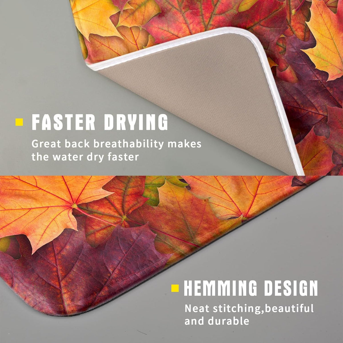 Colorful Autumn Maple Leaves Dish Drying Mat for Kitchen Counter Fall Drying Mat 16 x 18 Inch with Absorbent Reversible Microfiber Dish Drying Pad
