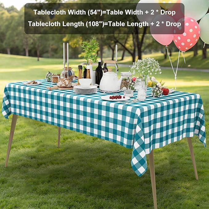 Smiry 3 Pack Turquoise Gingham Disposable Tablecloths - 54" x 108" Heavy Duty Plastic Table Cloth, Waterproof Buffalo Plaid Table Covers for Picnic, Banquets, Outdoor Parties