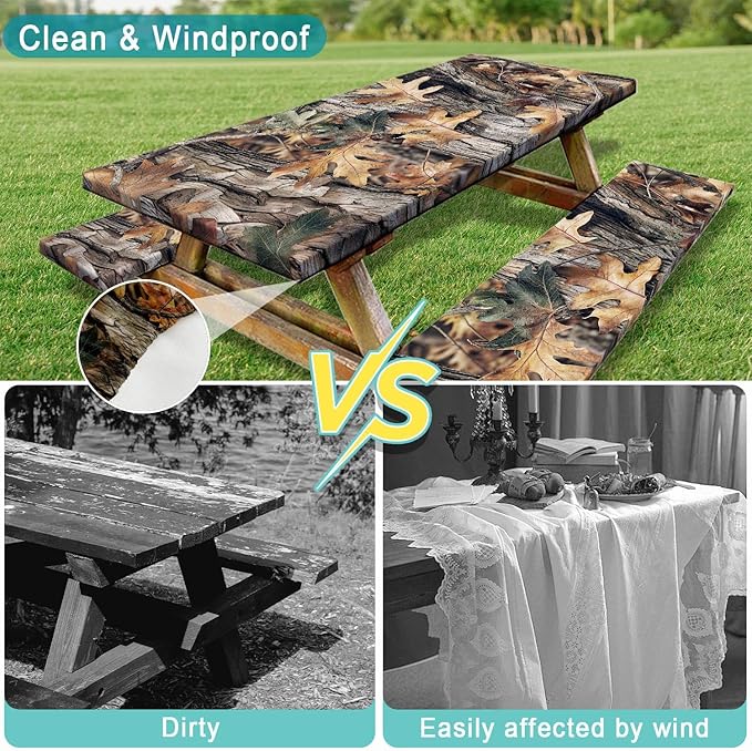 Camo Picnic Table Cover with Bench Covers, Oak Camouflage Patterns Camping Essentials Tablecloth Waterproof Fitted Rectangle Tables and Seats, Outdoor Table Covers with Elastic Windproof Edges