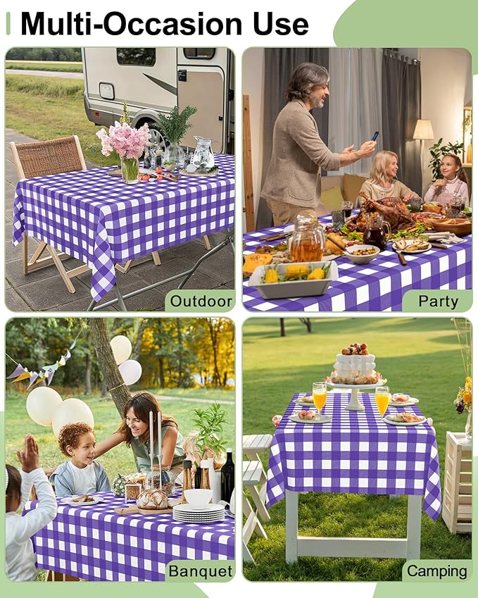 Smiry 20 Packs Gingham Disposable Table Cloth, 54 x 108 Inch Waterproof Plastic Tablecloth, Rectangle Purple and White Checkered Table Covers for Picnic, Birthday, Party