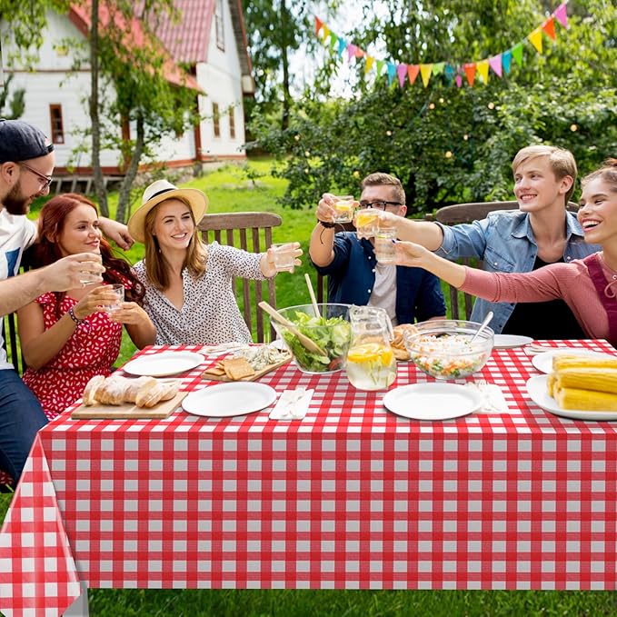 6 Pack Red and White Plastic Checkered Tablecloth, Premium Decorative Disposable Red Gingham Plaid Table Cloths for Parties, Rectangle Party Table Cover for Picnic Farm Birthday Wedding, 54x108 Inch