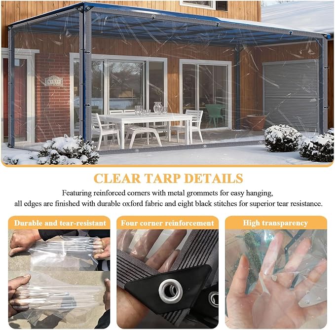20x27 FT Clear Vinyl Patio Enclosure Panels - Heavy Duty Waterproof Clear Tarps with Reinforced Edges & Grommets for Temporary Winter Porch Enclosure & Deck Enclosure