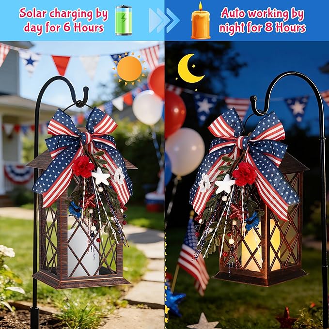 Patriotic Solar Lanterns Outdoor, Waterproof Garden Hanging Lanterns, 13" Patriotic Decorations Outdoor Lantern with Led Flameless Candles, 4th of July Lantern for Porch, Yard, Patio Decor