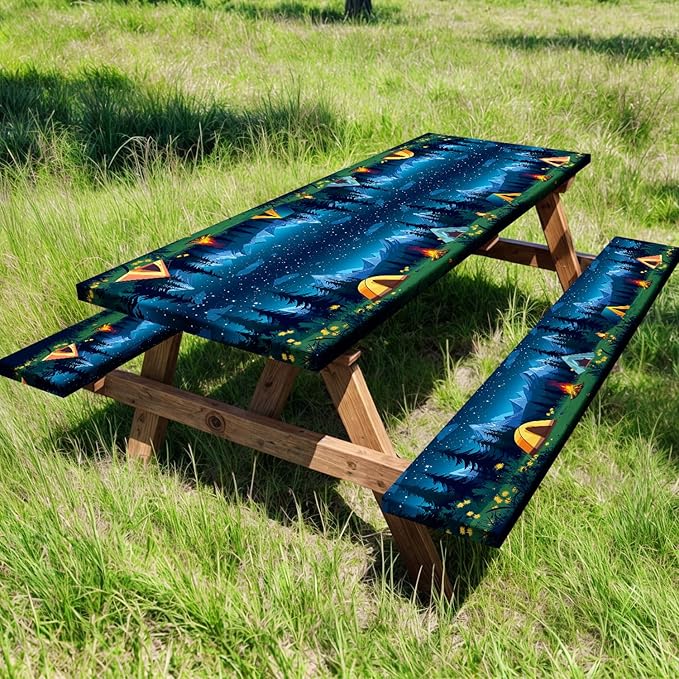 Camping Picnic Table Cover with Bench Covers, Camping Essentials, Forest Campfire Tent Flowers Outdoor Table Covers, Waterproof Windproof, Fitted Tablecloth Cover with Elastic Edge, 3 PCS, 30x60 Inch