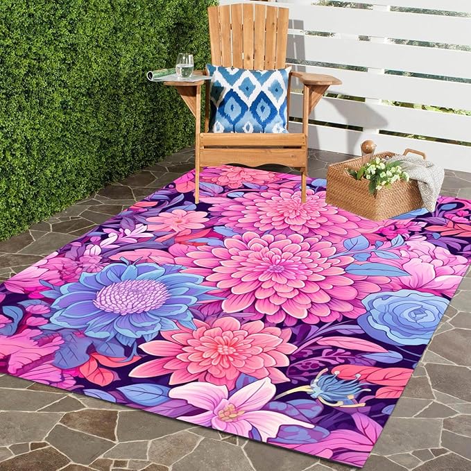 Vibrant Floral Outdoor Rug Modern Flower Texture Rugs for Patio Deck Porch Balcony Waterproof Non Slip Camping Garden Large Outside Carpet Easy Clean Machine Washable Pool Mat Pink Purple 6x9