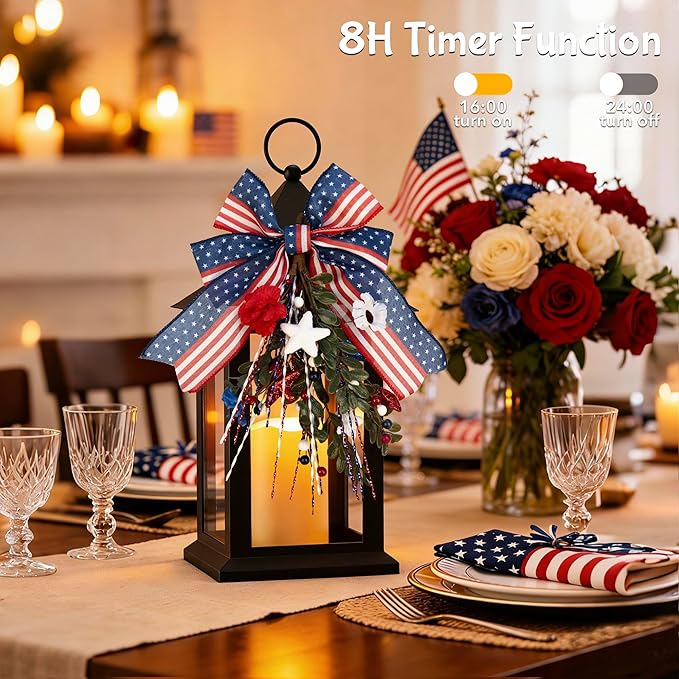 Patriotic Lanterns Decorative Indoor, 14" Black Lantern with Timer Flameless Candle, Battery Operated Waterproof Outdoor Hanging 4th of July Lanterns for Porch, Patio, Patriotic Decorations