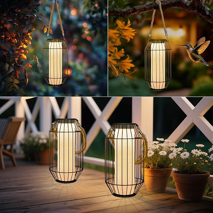 pearlstar Solar Lanterns Outdoor Waterproof Dual Charging (USB/Solar) Hanging Lantern Large Metal Floor Lamp for Patio Table Outside Porch Yard Garden Pool Decor