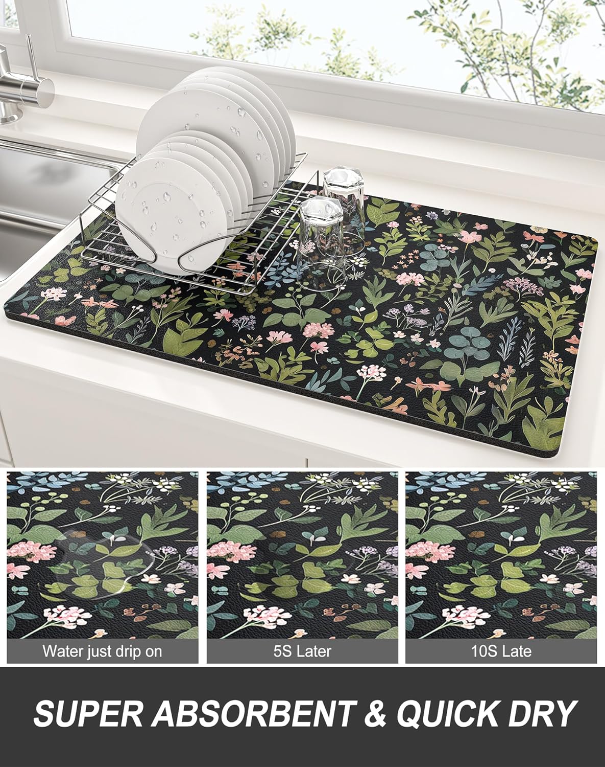 Rnivvi Dish Drying Mat for Kitchen Counter, XL 15 x 24" Cute Flower Theme Super Absorbent Drainer Pad, Non-Slip Heat Resistant Coffee Bar Mat for Coffee Machine Station Accessories,Black Dish Rack Pad