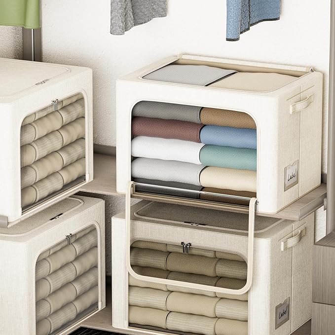 4 Pack Clothes Storage Bins with Metal Frame - 22L Stackable Storage Box with Lid，Foldable Storage Container Organizer for Clothes，Linen Fabric Storage Box with Clear Window＆Zippers＆Handles