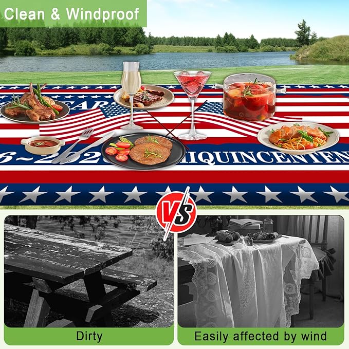 250th Anniversary America Flag Picnic Table Cover with Bench Covers Camping Essentials 250 USA Flag 1776-2026 Waterproof Fitted Camping Tablecloth Cover with Elastic Edge for Outdoor 3 PCS 30x96 Inch