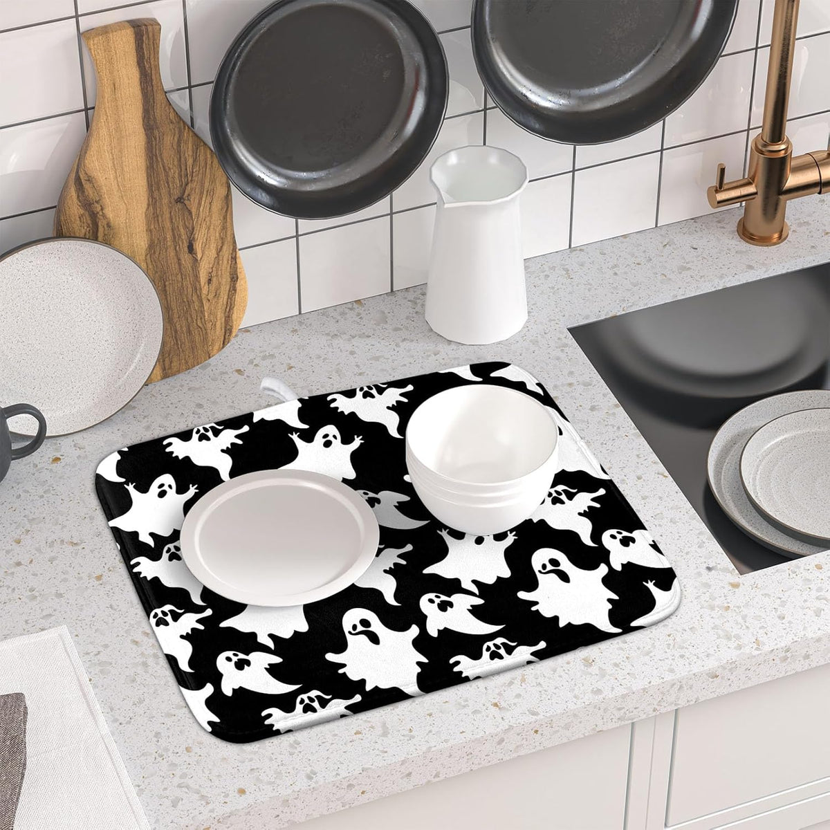 Halloween Bat Ghosts Dish Drying Mat for Kitchen Counter,Halloween Spooky Ghost Black and White Drying Mat 16 x 18 Inch Microfiber Dish Drying Pad
