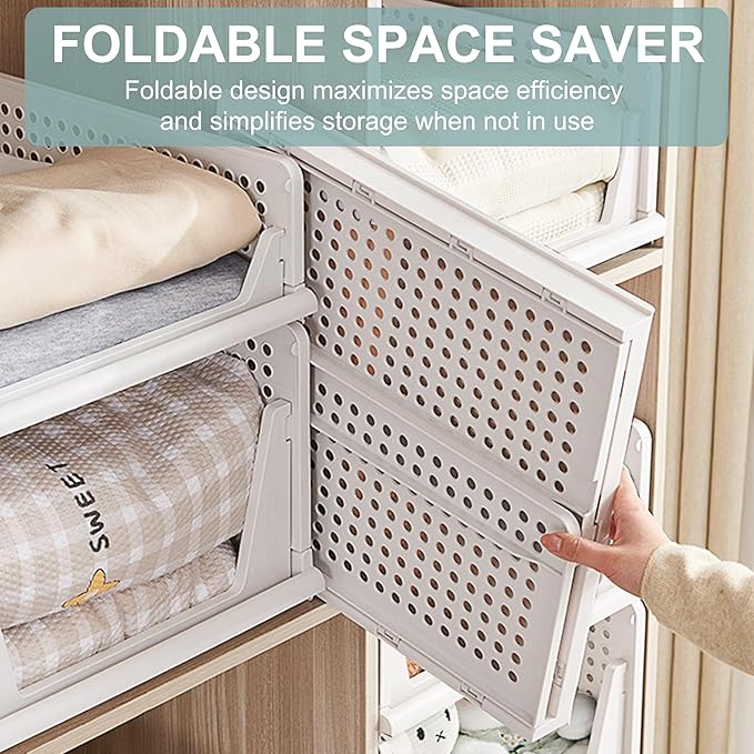 Goderewild Stackable Foldable Storage Baskets, Folding Storage Bins, Closet Organizers and Plastic Drawer Shelf Storage Container for Wardrobe, Cupboard, Kitchen, Bathroom, Office (White, 4S)