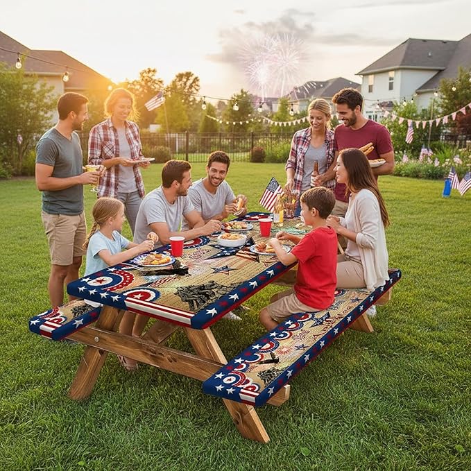 JAWO Patriotic 4th of July Picnic Table Cover with Bench Covers, Waterproof American Flag Eagle Tablecloth with Elastic Edge, Lightweight Camping Essentials for Rectangle Tables with Carrying Bag,96in