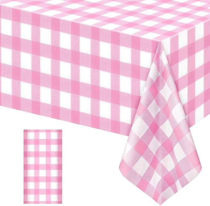 1 Pack Pink Striped Gingham Tablecloths, 54 x 108 Inch Disposable Plastic Rectangle Table Covers, Waterproof Pink and White Checkered Pink Table Cloths for Picnic, Birthday, Party, Outdoor Events