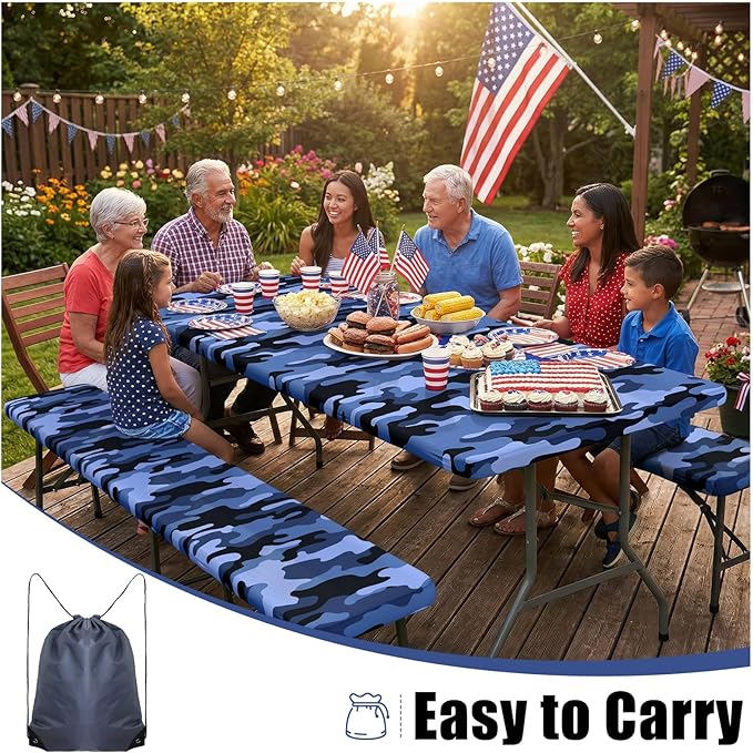 Smiry Picnic Table Cover with Bench Covers, Waterproof Elastic Fitted Tablecloth for 6 Foot Tables, Washable Polyester Camouflage Tablecloths for Camping & Indoor (Ocean Blue, 30x72 Inch 3-pc Set)