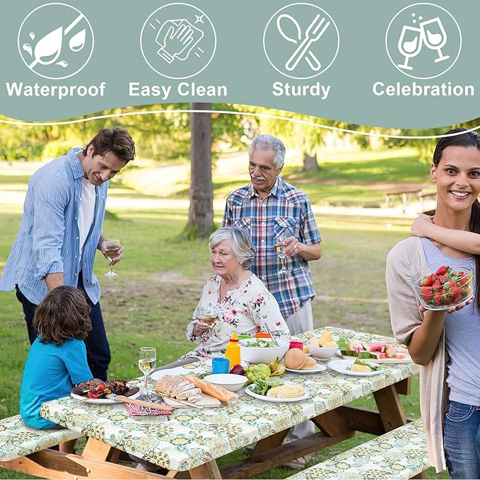 misaya Picnic Table Cover with Bench Cover, Waterproof Elastic Fitted Tablecloth for 5 Foot Tables, Rectangle Washable Polyester Tablecloths for Picnic, Camping, Outdoor (Paisley Flower, 30" x 60")