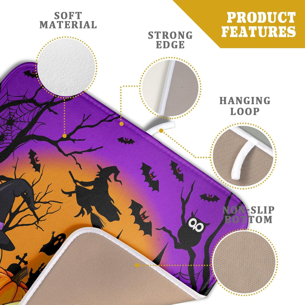 Happy Halloween Pumpkin Dish Drying Mat for Kitchen Counter,Witch Ghost Castle Bat Purple Drying Mat 16 x 18 Inch with High Absorbent Microfiber
