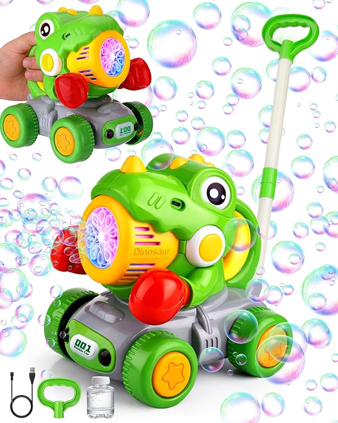 Dinosaur Bubble Lawn Mower for Toddlers, Rechargeable Automatic Bubble Blower with Lights,Handheld and Push 2 in1 Bubble Blower for Kid, Perfect for Party Favors and Activities for Girls and Boys