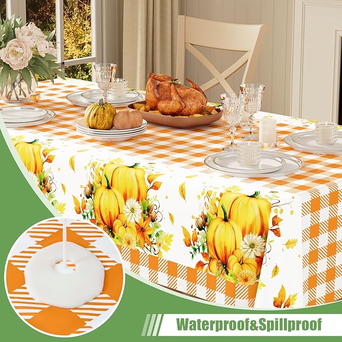 Smiry 3 Pack Gingham Disposable Table Cloth, 54 x 108 Inch Waterproof Plastic Tablecloth, Rectangle Orange Checkered Pumpkin Table Covers for Thanksgiving, Harvest, Birthday, Party