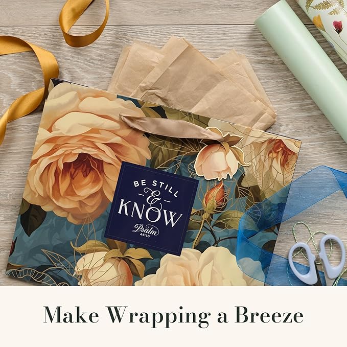 Christian Art Gifts Large Landscape Inspirational Scripture Gift Bag, Tag & Wrapping Tissue Paper Set for Women: Be Still Psalm Encouraging Bible Verse, Satin Ribbon Handles, Multicolor Rose Floral