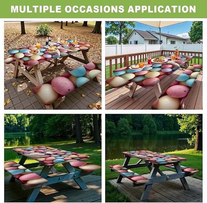 ANNA QUEEN 6FT Cute Easter Bunny Outdoor Picnic Table Cover with Bench Covers Picnic Table Cover Set 3PCS 72"x30", Cute Easter Bunny Outdoor Bench and Tablecloth Furniture Protection