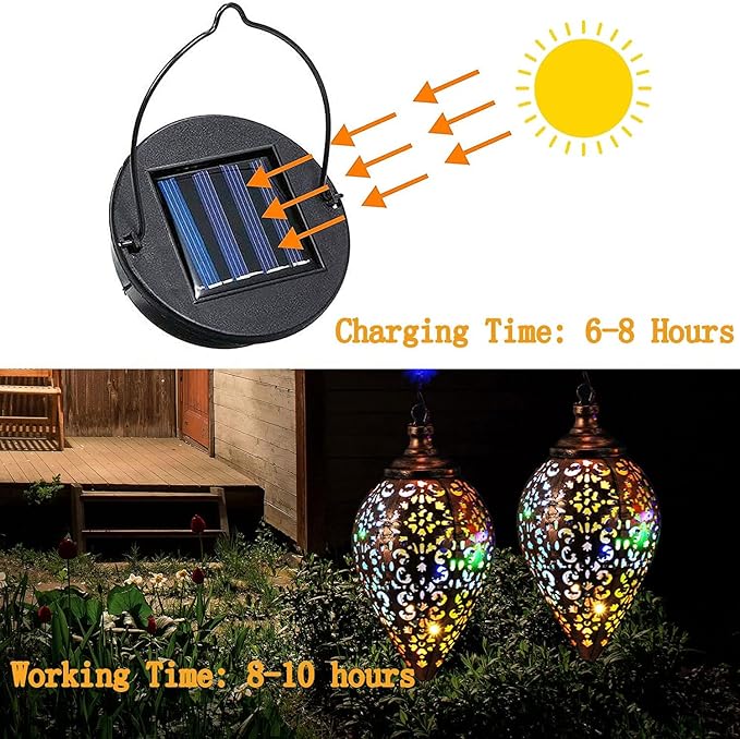 2 Pack Hanging Solar Lanterns, Colorful LED Outdoor Lights, Retro Metal Waterproof Lanterns for Garden Patio Yard Decor