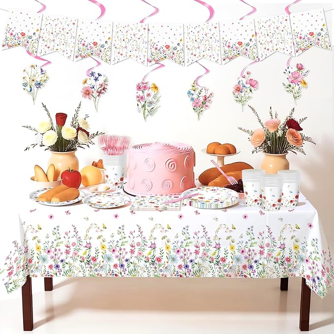 152 Pcs Spring Wildflower Party Decorations Include Plates, Napkins, Cups, Banner, Tablecloth for Floral Birthday Wedding Baby Shower Party, Serve 24