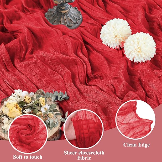 Asee'm 3PCS EasterTable Runner Cheesecloth 10FT Red Boho Gauze Fabric Rustic Sheer Cheese Cloth Runners for Valentine's Day Wedding Bridal Shower Party