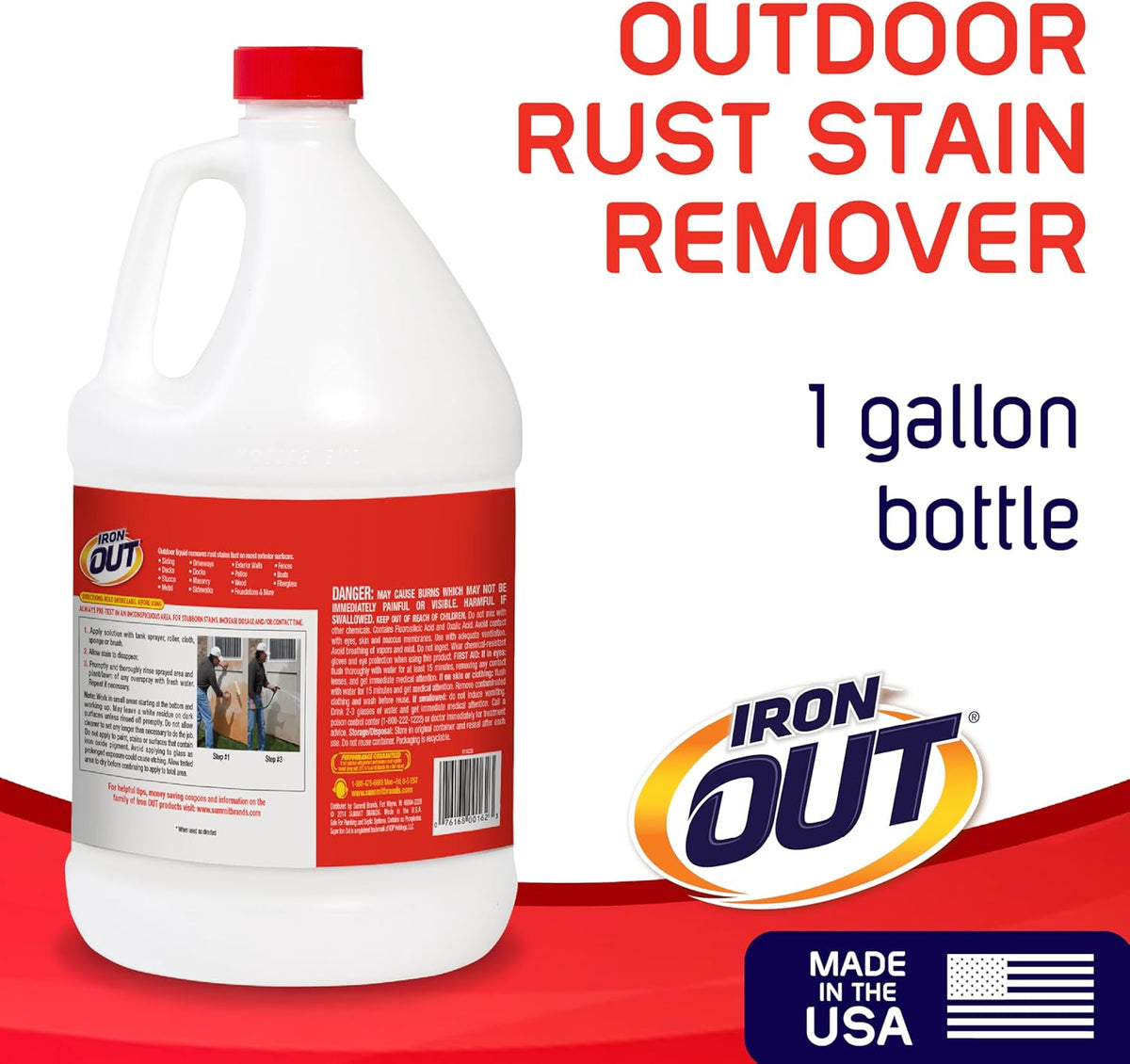 Iron OUT Liquid Rust Stain Remover, Pre-mixed, Quickly Removes Rust Stains from Concrete, Vinyl and Other Outdoor Surfaces, No Scrubbing, Safe to Use, Made in the USA, 1 Gallon