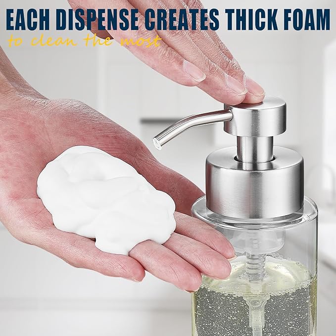 Glass Foaming Hand Soap Dispenser, 10 oz Easy Refill Glass Soap Dispenser, Foam Dispenser with Stainless Steel Pump & Waterproof Labels, Clear Foam Soap Bottle for Bathroom Countertop